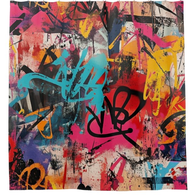 Städtische Graffiti-Collage mit kräftigen Farben F Duschvorhang (Vorderseite)