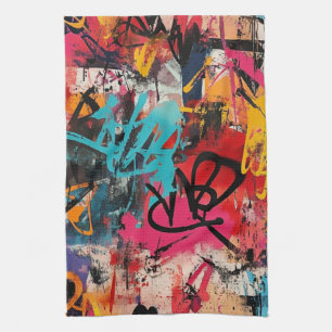 Städtische Graffiti-Collage mit kräftigen Farben F Geschirrtuch