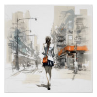 Städtische Skizze, 3D-Render der modernen Frau