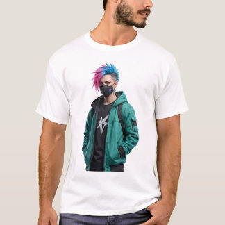 Städtischer Anime-Junge mit goldenem Löwen-Rückenp T-Shirt
