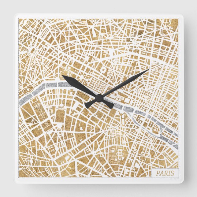 Stadtkarte von Gilded Paris Quadratische Wanduhr (Vorderseite)