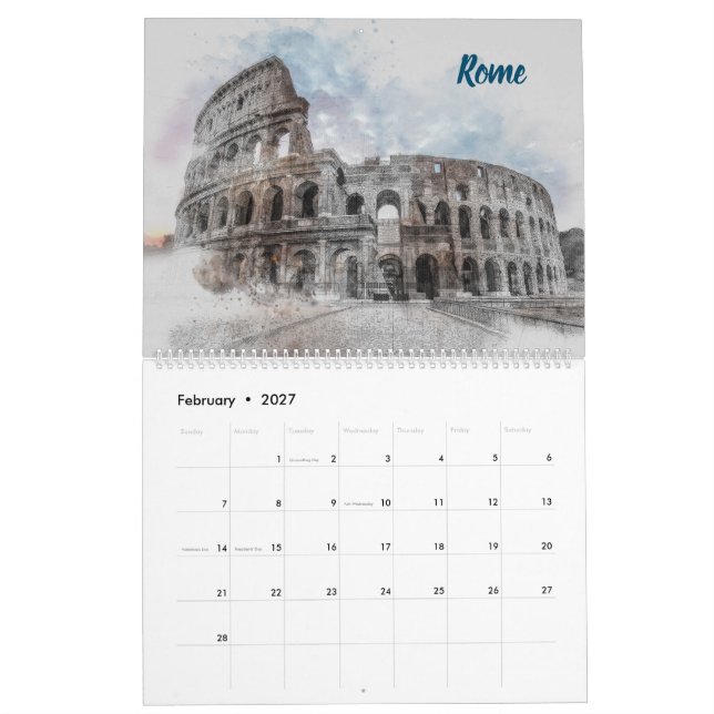 Stadtskizzen-Mauerkalender 2026 - HandGezeichnet Kalender (Feb 2027)