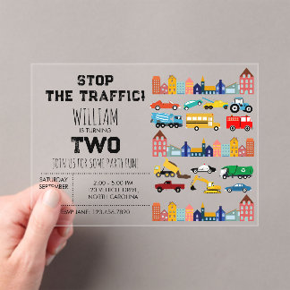Stadttransportfahrzeuge LKW zweiter Geburtstag Acryleinladungen