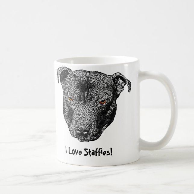 Staffie Kopf, "ich Liebe Staffies!" Tasse (Rechts)