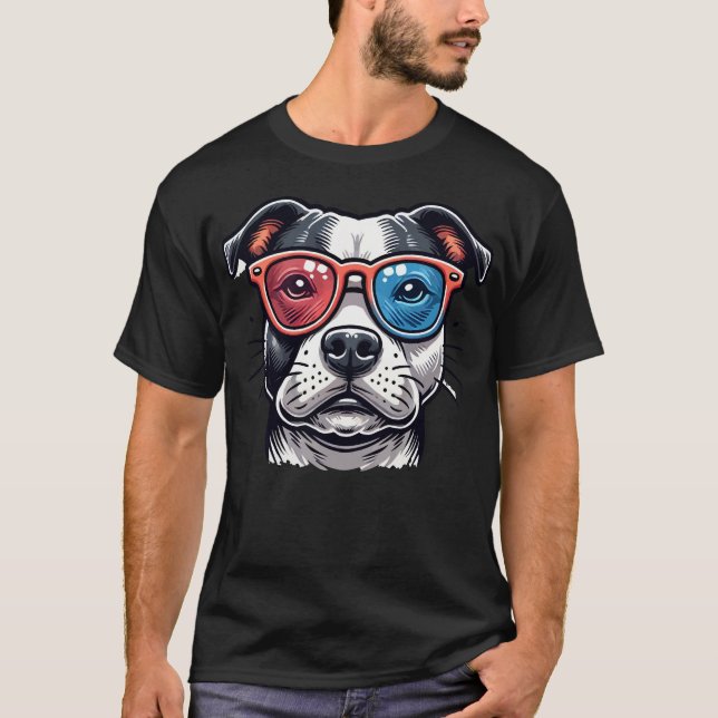 Staffordshire Bull Dog mit Brillen Pop Art Style T-Shirt (Vorderseite)