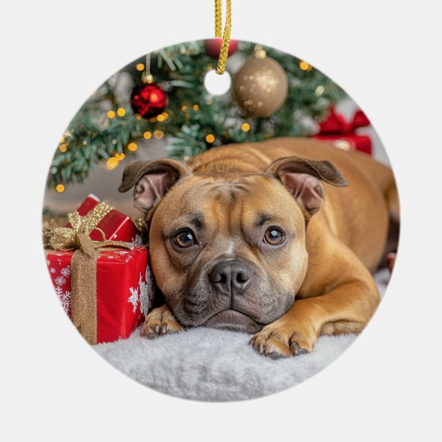 Staffordshire Bull Terrier Christmas Keramik Ornament (Vorne)