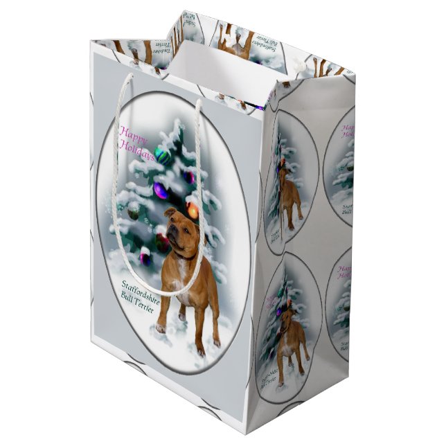 Staffordshire Bull Terrier Christmas Mittlere Geschenktüte (Rückseite Schrägansicht)