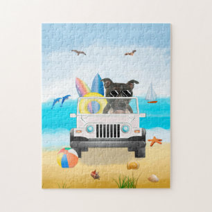 Staffordshire Bull Terrier Dog Driving on Beach Puzzle