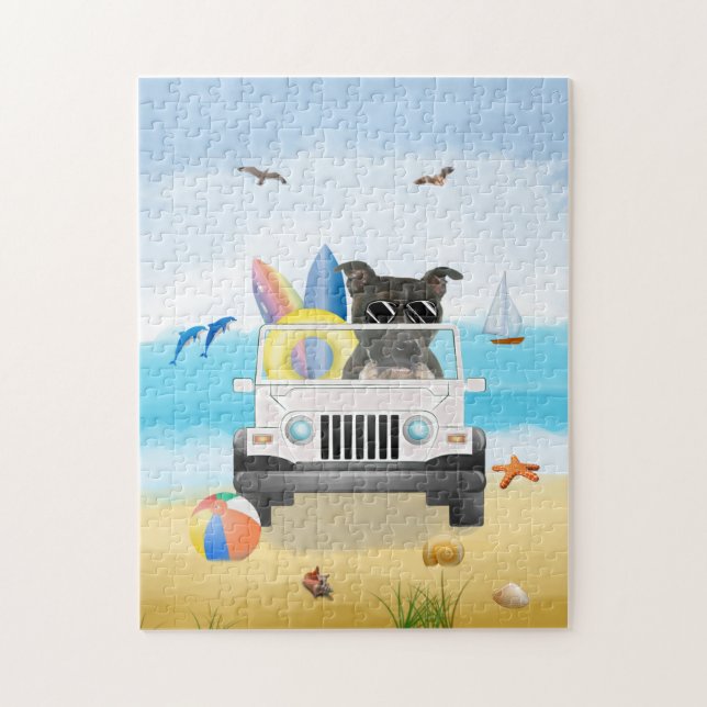 Staffordshire Bull Terrier Dog Driving on Beach Puzzle (Vertikal)