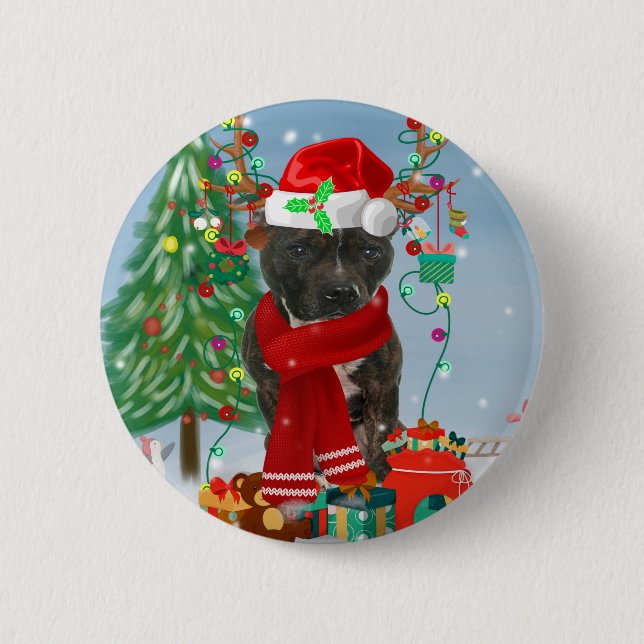 Staffordshire Bull Terrier Dog im Schnee Weihnacht Button (Vorderseite)