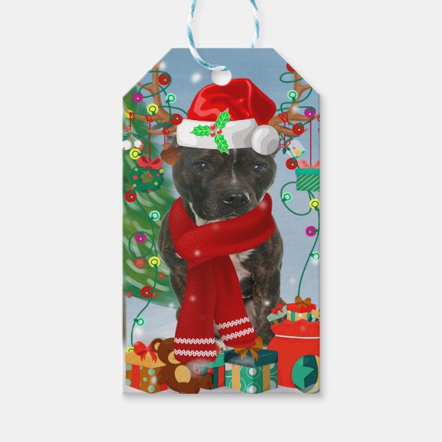 Staffordshire Bull Terrier Dog im Schnee Weihnacht Geschenkanhänger (Vorderseite)