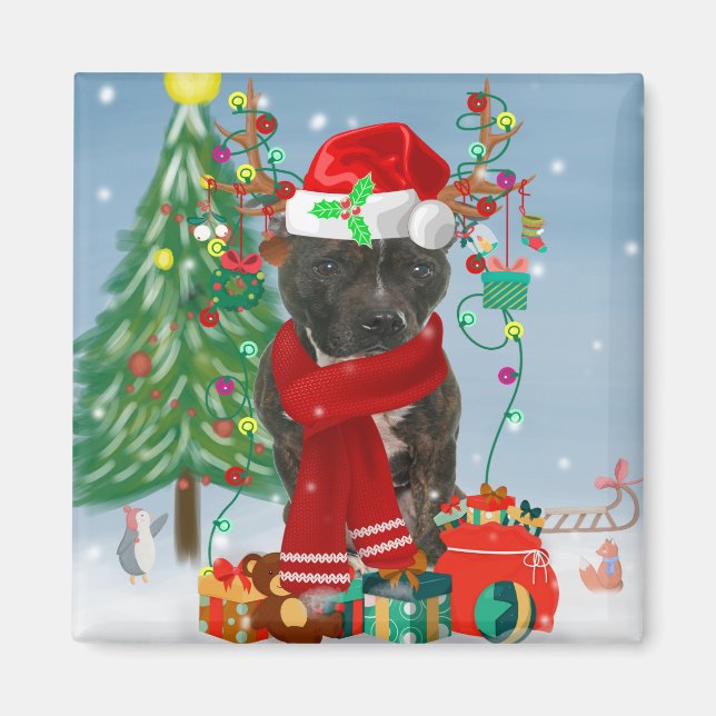 Staffordshire Bull Terrier Dog im Schnee Weihnacht Magnet (Vorne)