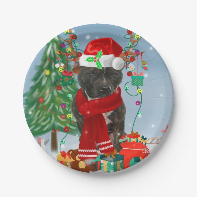Staffordshire Bull Terrier Dog im Schnee Weihnacht Pappteller (Vorderseite)
