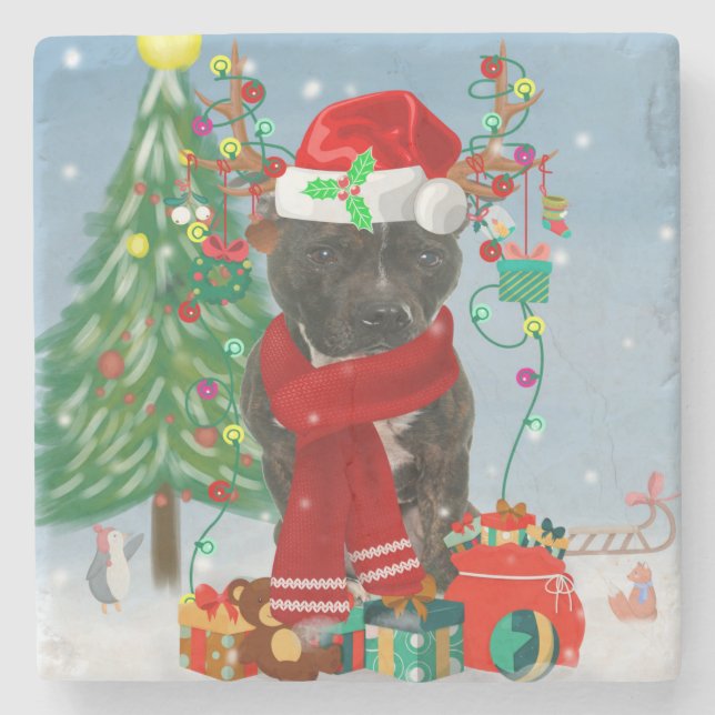 Staffordshire Bull Terrier Dog im Schnee Weihnacht Steinuntersetzer (Vorderseite)