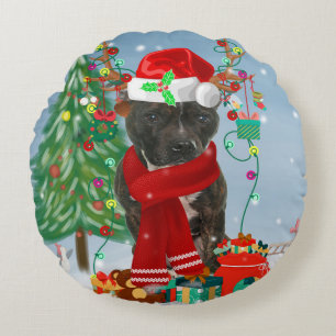 Staffordshire Bull Terrier Dog in Snow Christmas T Rundes Kissen