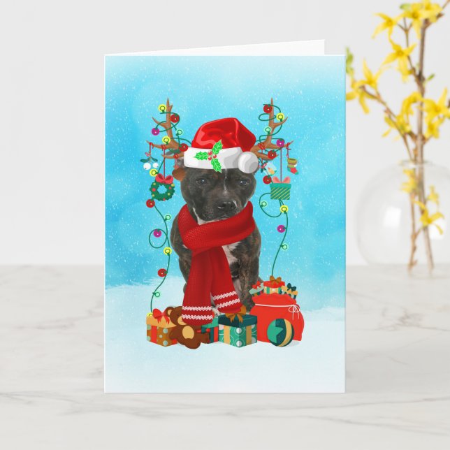 Staffordshire Bull Terrier im Schnee mit Weihnacht Karte (Gelbe Blume)