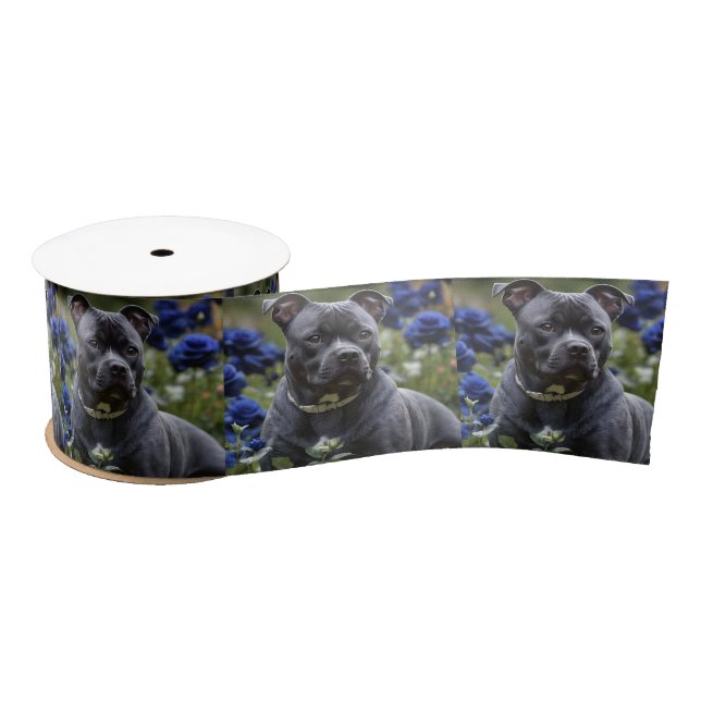 Staffordshire Bull Terrier in Blue Rose Garden, Satinband (Spule)