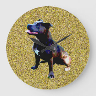 Staffordshire Bull Terrier On Gold, große Uhr