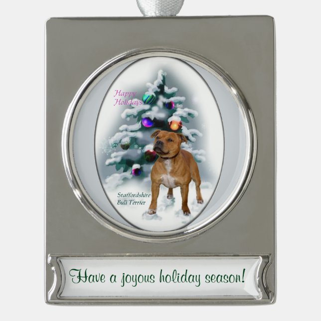 Staffordshire Bull Terrier Personalisiert Weihnach Banner-Ornament Silber (Vorderseite)