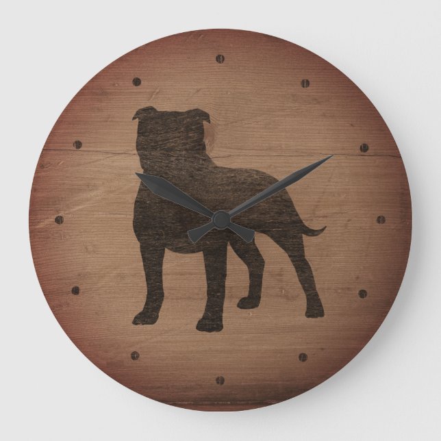 Staffordshire Bull Terrier Silhouette Rustic Style Große Wanduhr (Vorderseite)