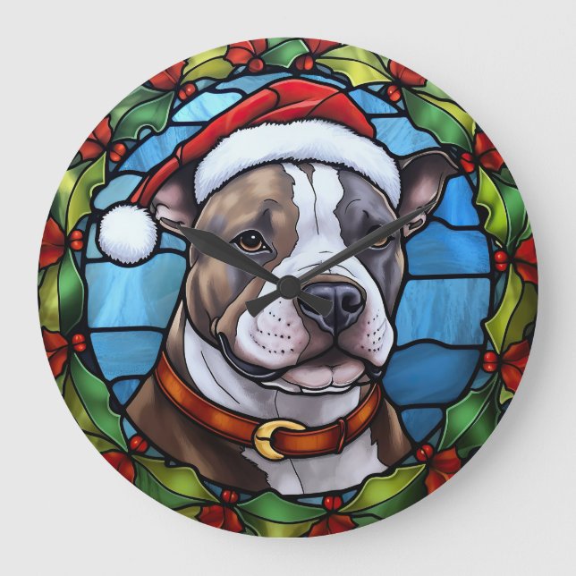 Staffordshire Bull Terrier Stettglass Weihnachten Große Wanduhr (Vorderseite)