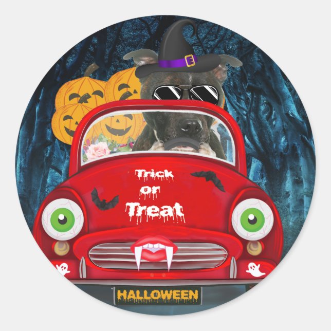 Staffordshire Dog Driving Car Beängstigend Hallowe Runder Aufkleber (Vorderseite)