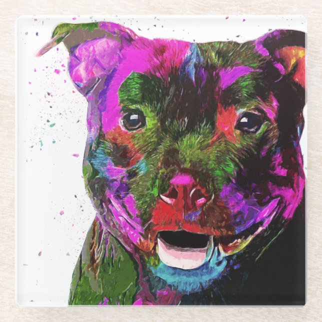 Staffordshire-Terrier-bunte Pop-Kunst Glasuntersetzer (Vorderseite)