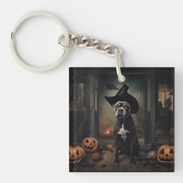 Staffordshire Terrier Pumpkins Halloween Beängstig Schlüsselanhänger (Vorderseite)
