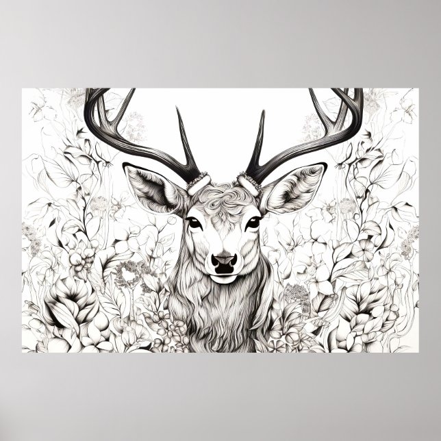 Stag Deer Friedlich Nature Prairie Sketch Zeichnen Poster (Vorne)