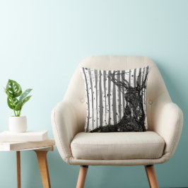 Stag Deer Linen Texture Birch Tree Pillow Kissen