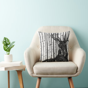 Stag Deer Linen Texture Birch Tree Pillow Kissen