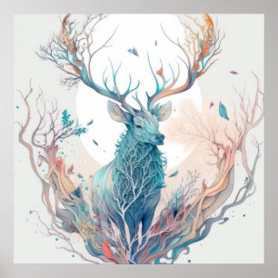 Stag Deer Portrait Tiermalerei Wildlife Forest Poster