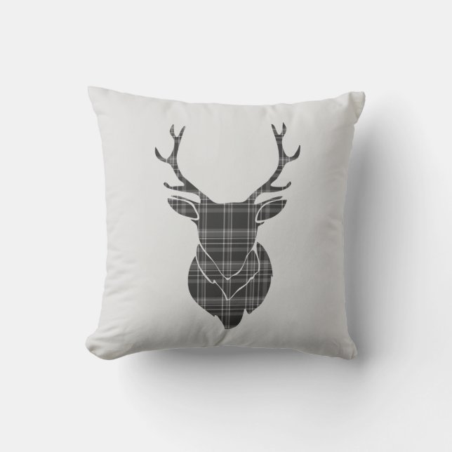 Stag Head and Grey Tartan Pattern Kissen (Vorderseite)