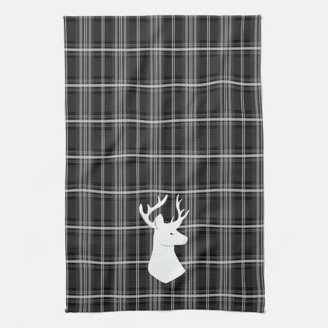 Stag Head auf Schwarz/Weiß Kariert Geschirrtuch (Vertikal)