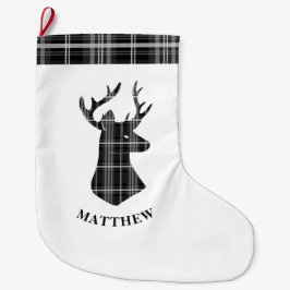 Stag Head auf Schwarz/Weiß Kariert Großer Weihnachtsstrumpf