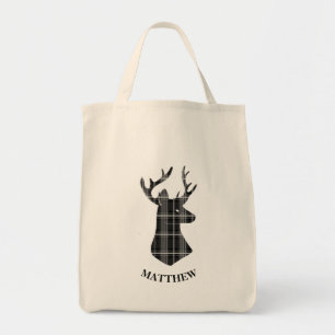 Stag Head auf Schwarz/Weiß Kariert Tragetasche
