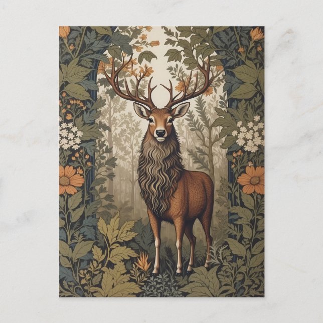 Stag im Wald William Morris Inspiriert Postkarte (Vorderseite)
