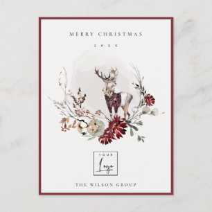 Stag Marsala Foliage Wreath Frohe Weihnachtslogos Feiertagspostkarte