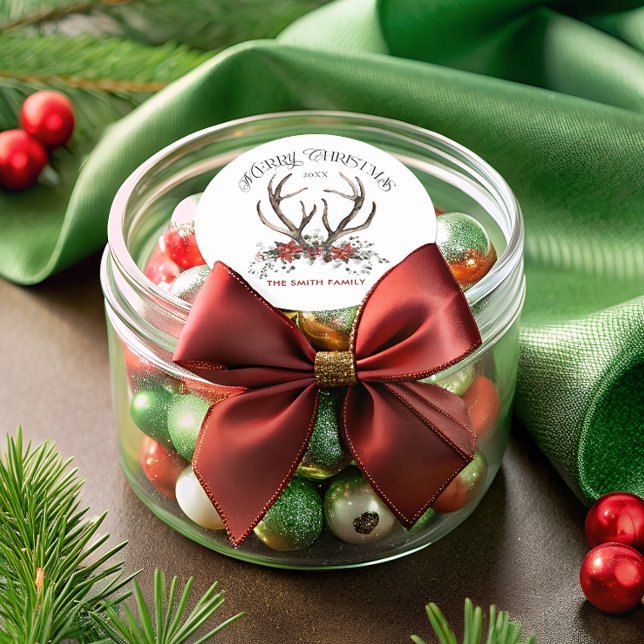 Stag Merry Christmas Botanical Runder Aufkleber (Von Creator hochgeladen)