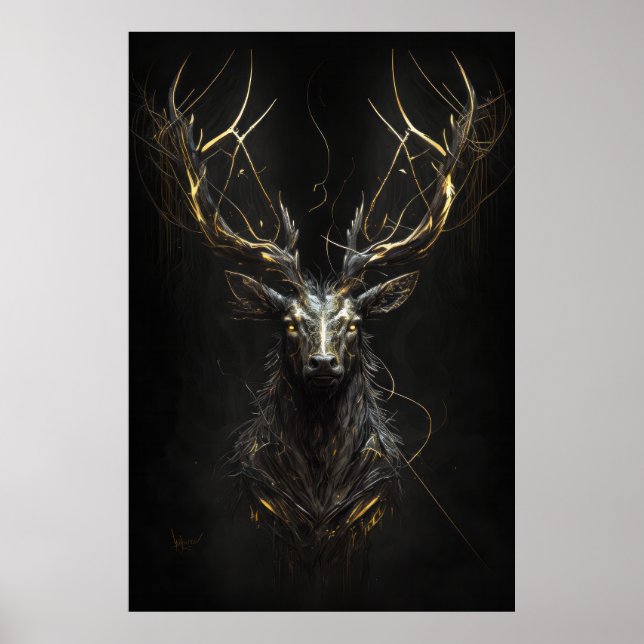 Stag Portrait Tierart Natur Dunkle Malerei Poster (Vorne)
