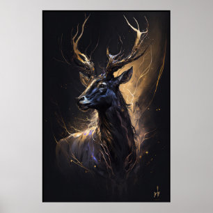 Stag Portrait Tierart Natur Dunkle Malerei Poster