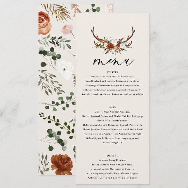 Stag Rost Terracotta floral elegant modern Menükarte (Vorne/Hinten)