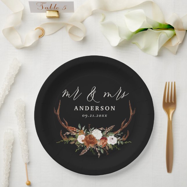 Stag rustic botanische Hochzeit mr und mrs script  Pappteller (Hochzeit)