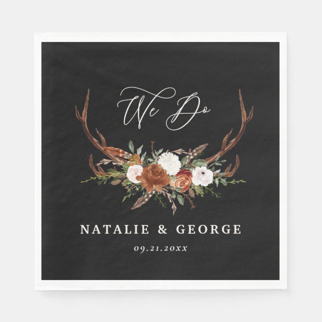 Stag rustikale botanische Hochzeit schwarz chic fl Serviette (Vorderseite)