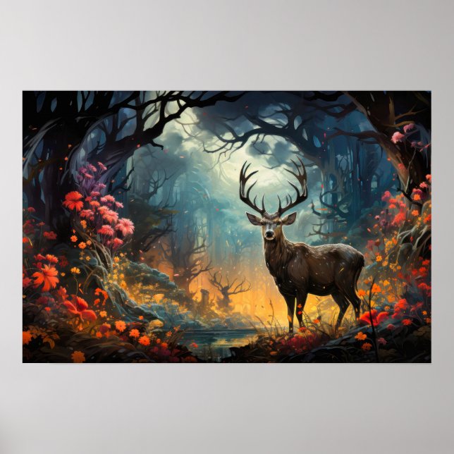 Stag Stehend auf der Wildblume Waldwiese Poster (Vorne)