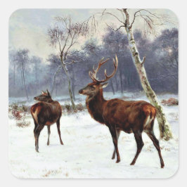 Stag und Dog in einer verschneiten Landschaft Quadratischer Aufkleber