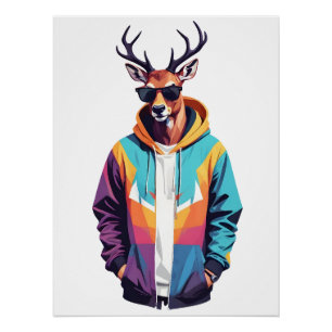Stag Wearing Hoodie Funny Coole Tierart Poster