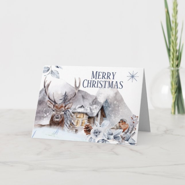 Stag Winterschneewald Blockhüttenvogel Karte (Vorderseite)