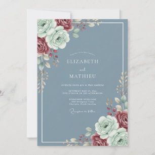 Stahl-Maroon-Ranunculus-Eukalyptus-Hochzeit Einladung