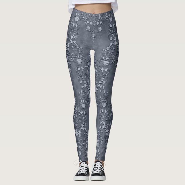 Stahl/Pewter Grau und leichter grauer Floral Damas Leggings (Vorderseite)